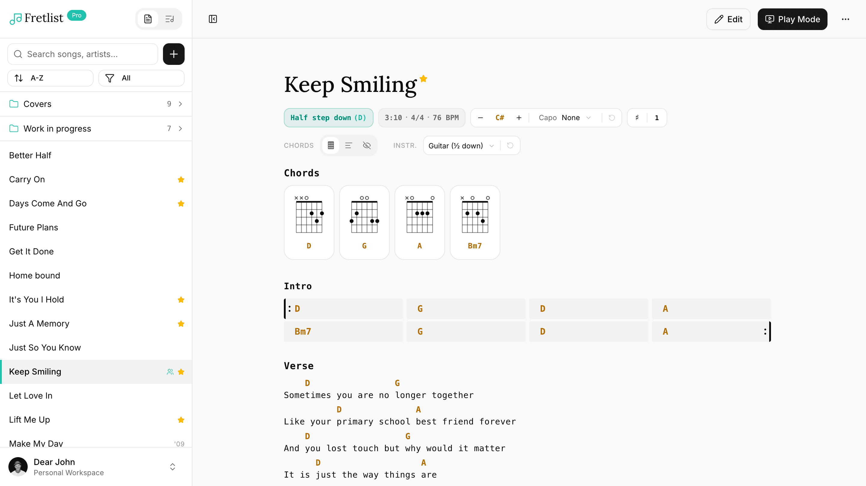 A song in Fretlist on a laptop