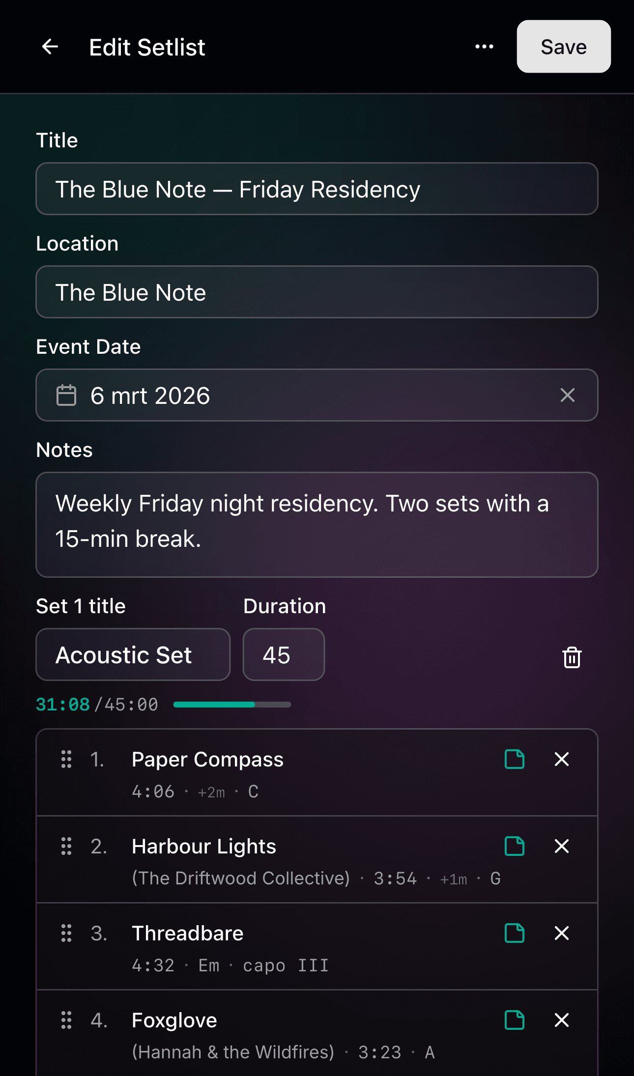 Edit setlist on mobile