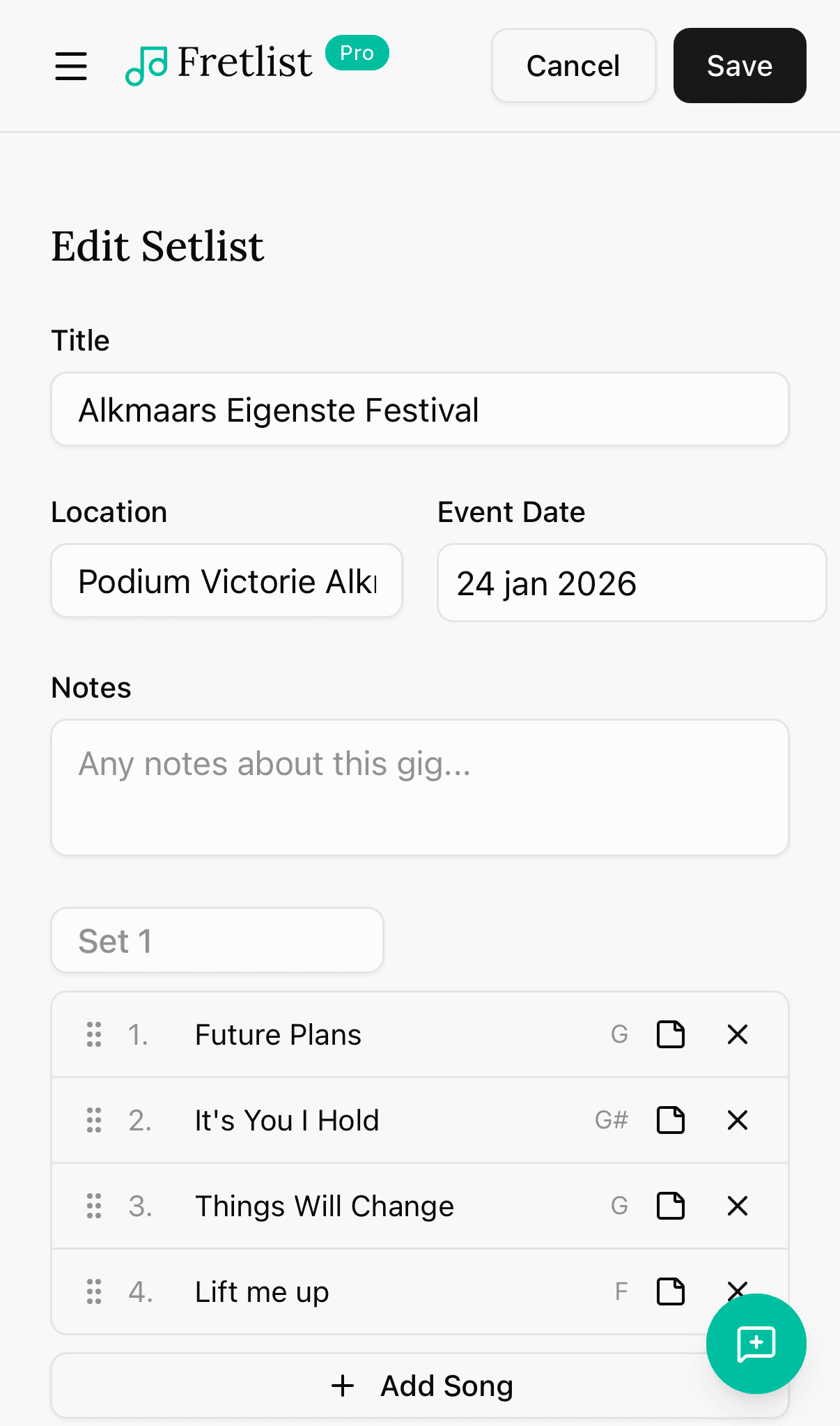 Edit setlist on mobile