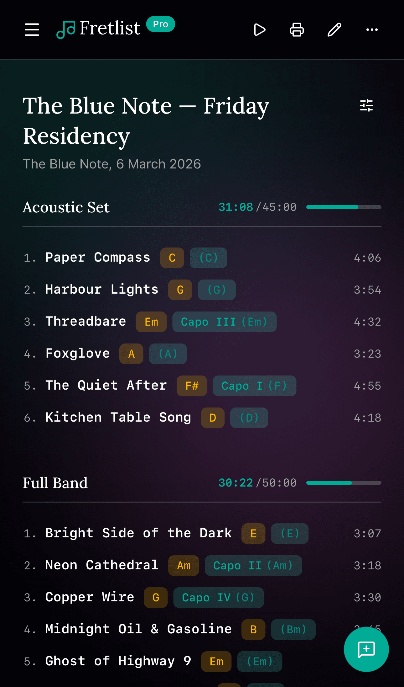 View setlist on mobile