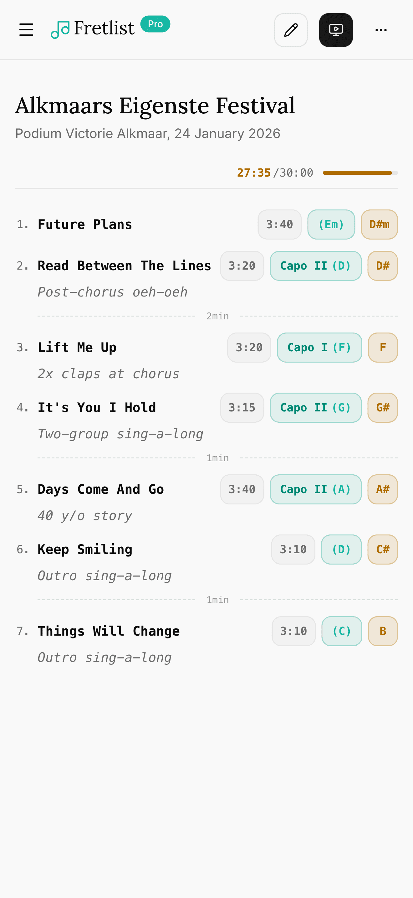 A setlist in Fretlist on a phone