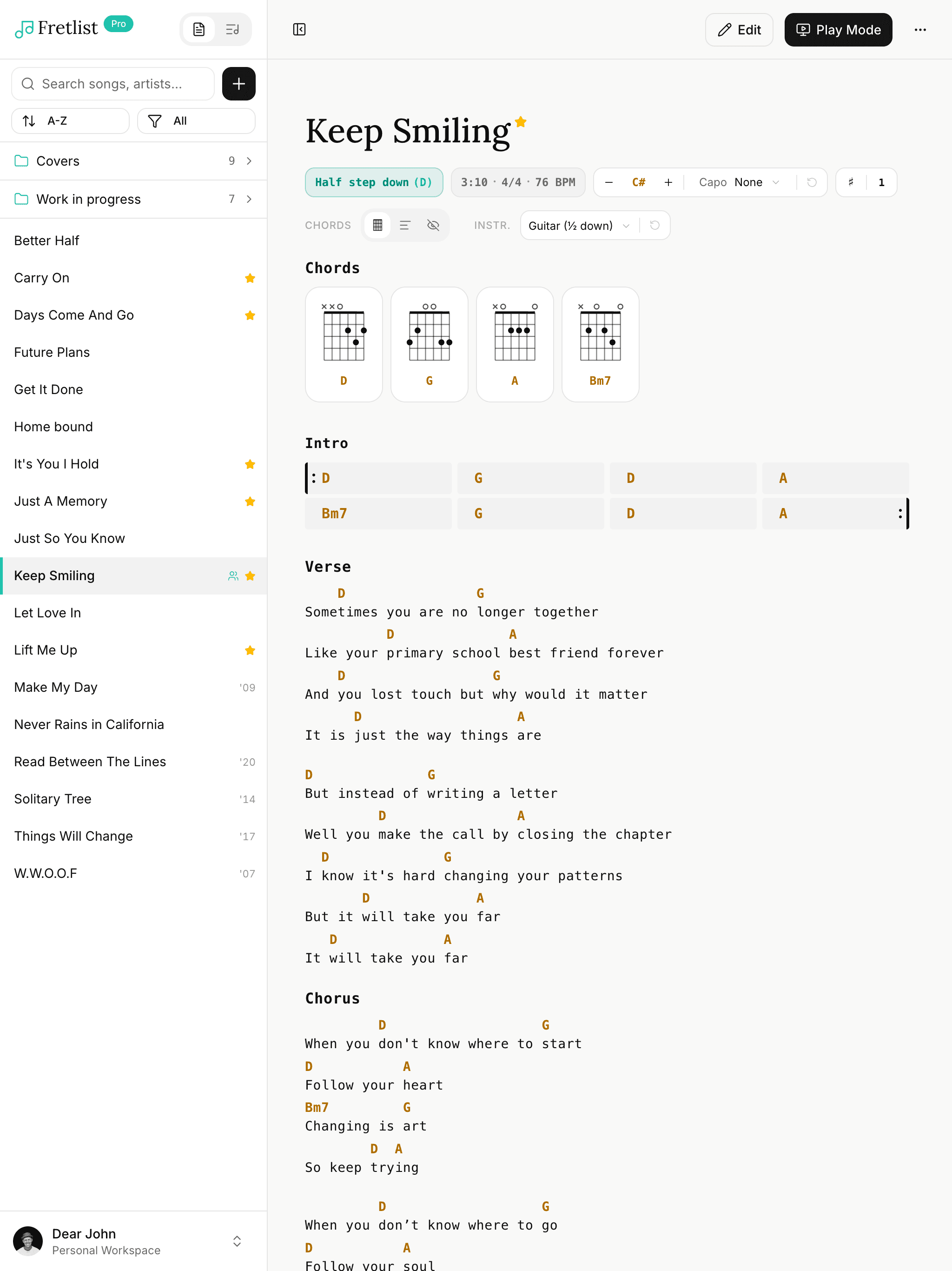 A song in Fretlist on a tablet
